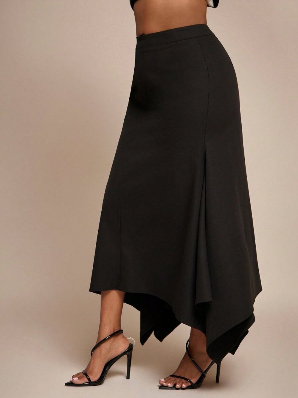 Black Elegant Women's Slight Stretch High Waist Asymmetrical Hem Office Skirt - Picture 4 of 5